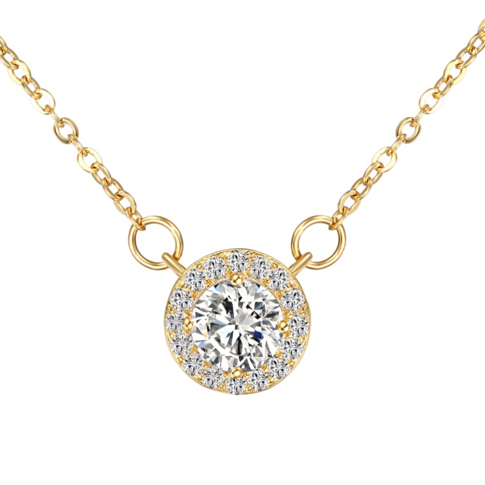 Halo Set Round Cut Crystal Gold Necklace